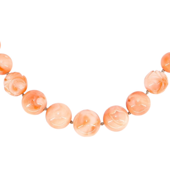 Salmon Pink Peach Momo Coral Necklace - New Strung w NOS Beads - 40g 18” - Picture 10 of 11